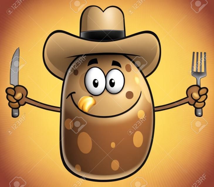 Cartoon pomme de terre Cowboy caractère avec couteau et fourchette