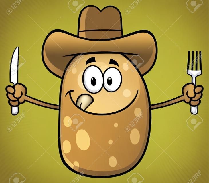 Cowboy Cartoon Character ziemniaków z nożem i widelcem