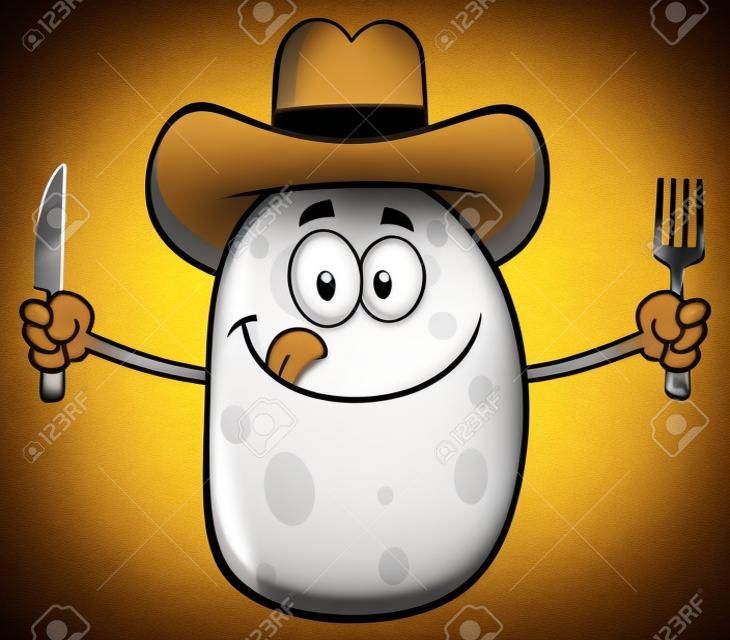 Cowboy Cartoon Character ziemniaków z nożem i widelcem