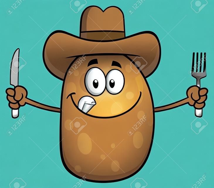 Cartoon pomme de terre Cowboy caractère avec couteau et fourchette