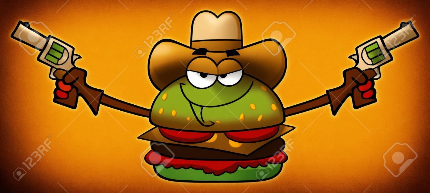 Cowboy Burger Cartoon Mascot Character Holding Up Two Revolvers