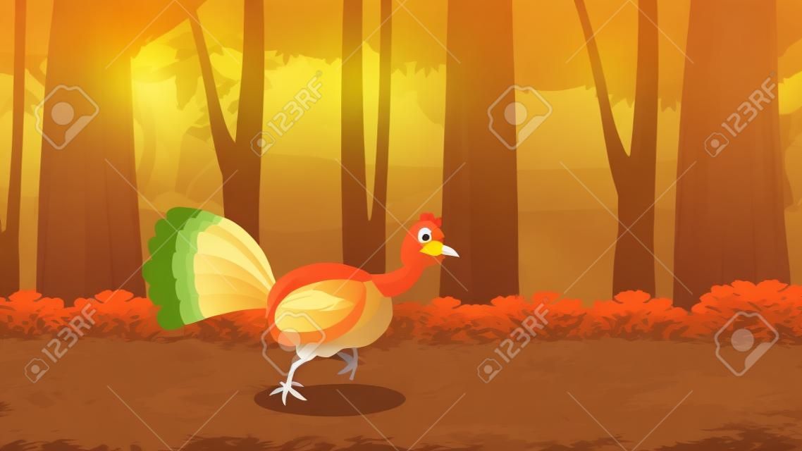 Thanksgiving-Truthahn-Vogel-Cartoon-Figur läuft im Wald. Abbildung mit Hintergrund