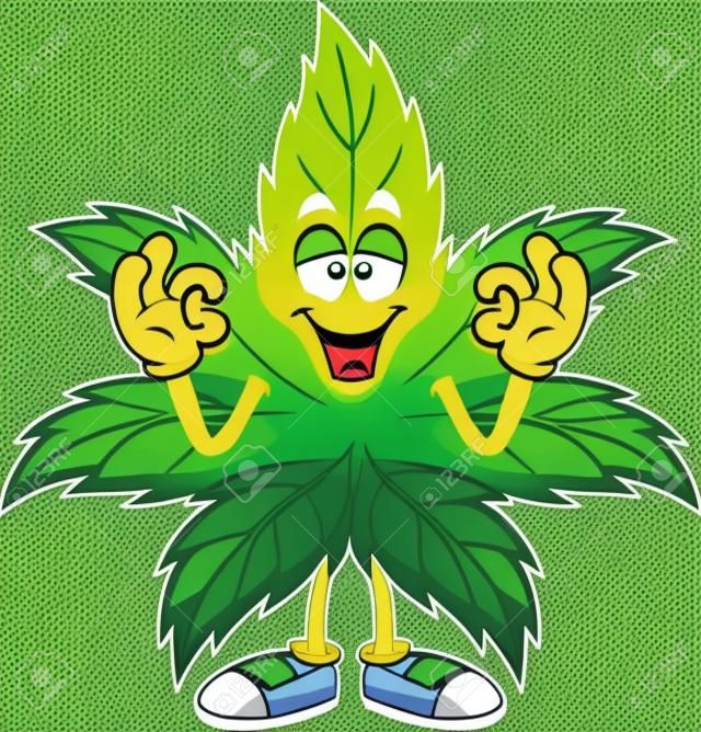 Personaje de dibujos animados de hoja de marihuana feliz que muestra el signo Ok. Ilustración dibujada a mano vectorial aislada sobre fondo transparente