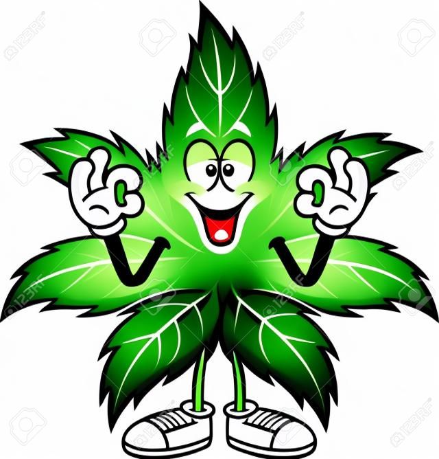 Personaggio dei cartoni animati di foglia di marijuana felice che mostra il segno giusto. Illustrazione disegnata a mano di vettore isolata su sfondo trasparente