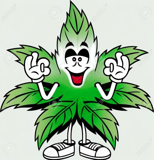 Personnage de dessin animé de feuille de marijuana heureux montrant le signe OK. Illustration vectorielle dessinée à la main isolée sur fond transparent