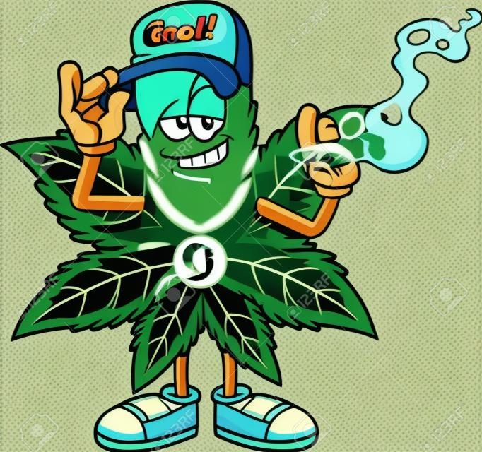 Gangsta marihuana liść postać z kreskówki paląca jointa. wektor ręcznie rysowane ilustracja na przezroczystym tle