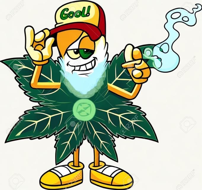 Gangsta marihuana liść postać z kreskówki paląca jointa. wektor ręcznie rysowane ilustracja na przezroczystym tle