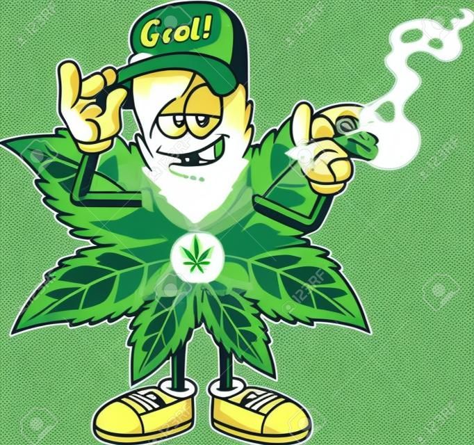 Personaggio dei cartoni animati di Gangsta Marijuana Leaf che fuma una canna. Illustrazione disegnata a mano di vettore isolata su sfondo trasparente