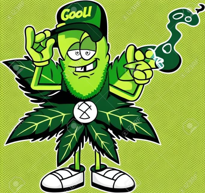 Personaggio dei cartoni animati di Gangsta Marijuana Leaf che fuma una canna. Illustrazione disegnata a mano di vettore isolata su sfondo trasparente
