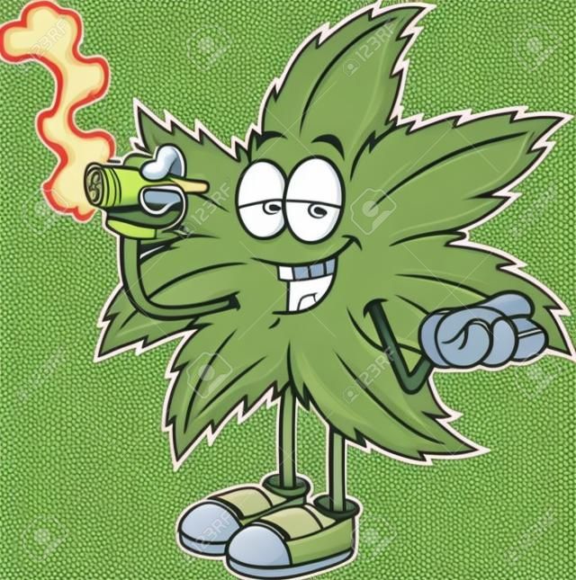 Zabawny liść marihuany postać z kreskówki paląca jointa. wektor ręcznie rysowane ilustracja na przezroczystym tle