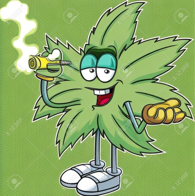 Personaggio dei cartoni animati di foglia di marijuana divertente che fuma una canna. Illustrazione disegnata a mano di vettore isolata su sfondo trasparente