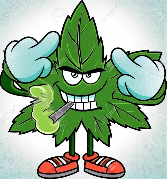 Personaggio dei cartoni animati arrabbiato della foglia di marijuana con un giunto che mostra il dito medio. Illustrazione disegnata a mano di vettore isolata su sfondo trasparente