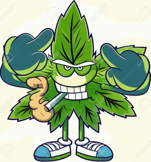 Personaggio dei cartoni animati arrabbiato della foglia di marijuana con un giunto che mostra il dito medio. Illustrazione disegnata a mano di vettore isolata su sfondo trasparente