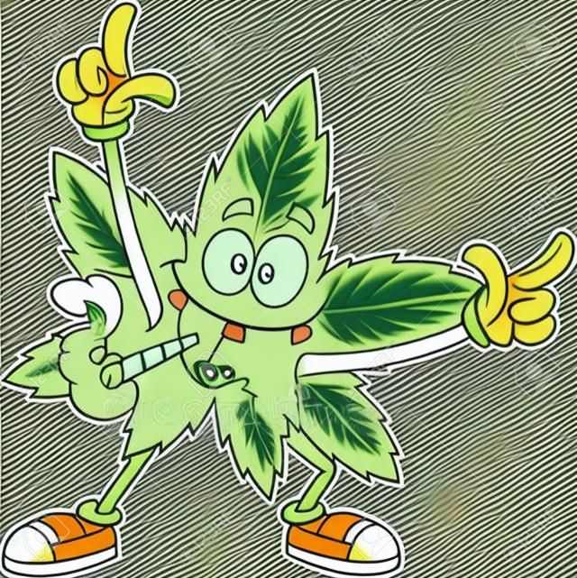 Caráter feliz dos desenhos animados da folha da marijuana com dança conjunta. Ilustração desenhada à mão do vetor isolada no fundo transparente