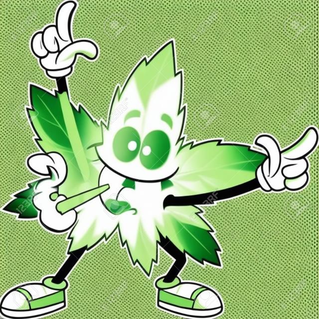 Caráter feliz dos desenhos animados da folha da marijuana com dança conjunta. Ilustração desenhada à mão do vetor isolada no fundo transparente