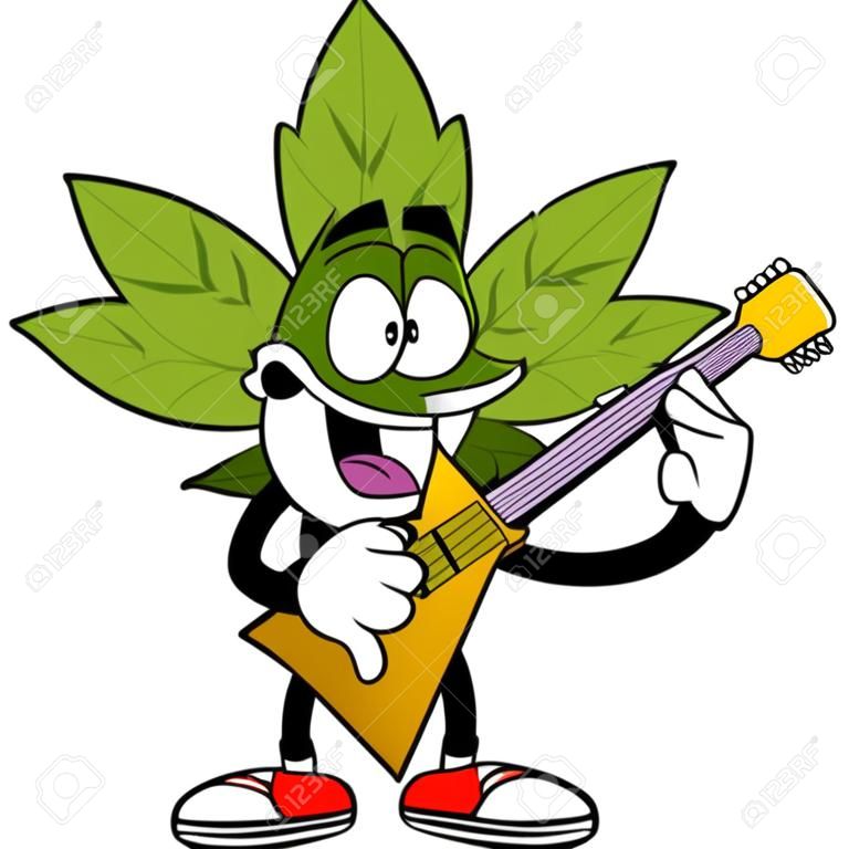 Szczęśliwy liść marihuany postać z kreskówki z gitarą palącą jointa. wektor ręcznie rysowane ilustracja na przezroczystym tle
