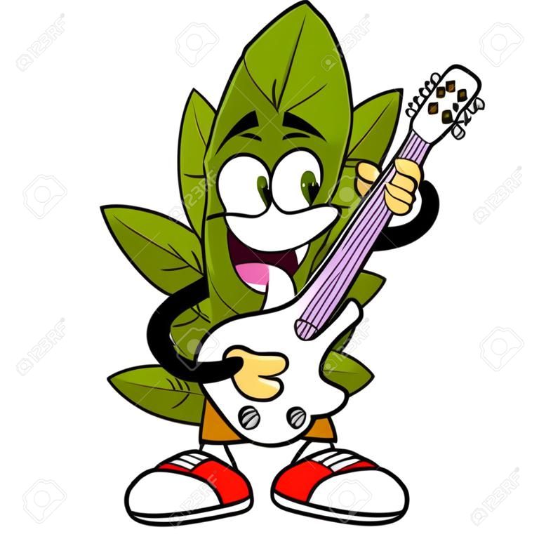 Szczęśliwy liść marihuany postać z kreskówki z gitarą palącą jointa. wektor ręcznie rysowane ilustracja na przezroczystym tle