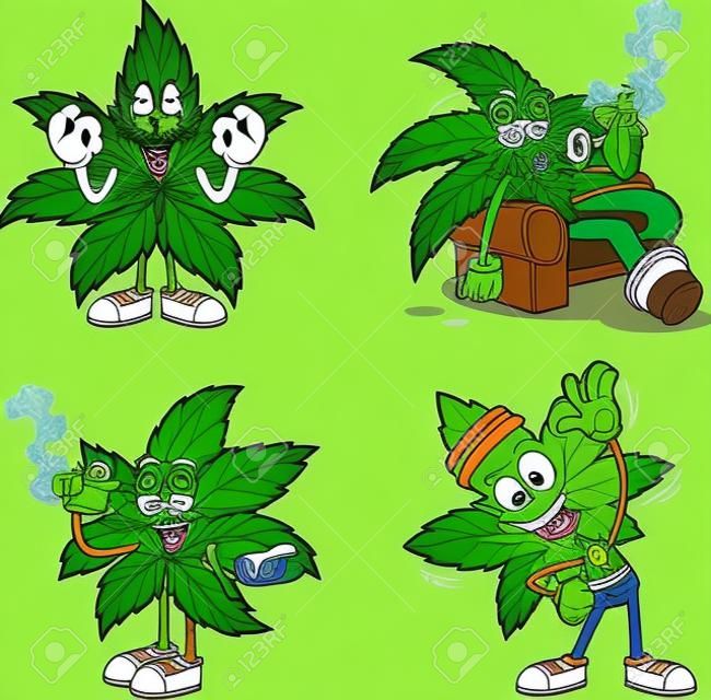 Marihuana-Blatt-Cartoon-Figuren.