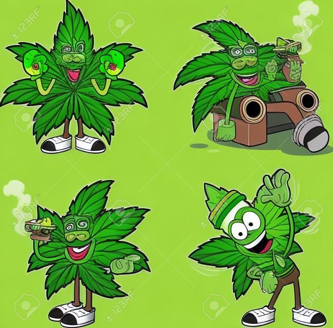 Marihuana-Blatt-Cartoon-Figuren.
