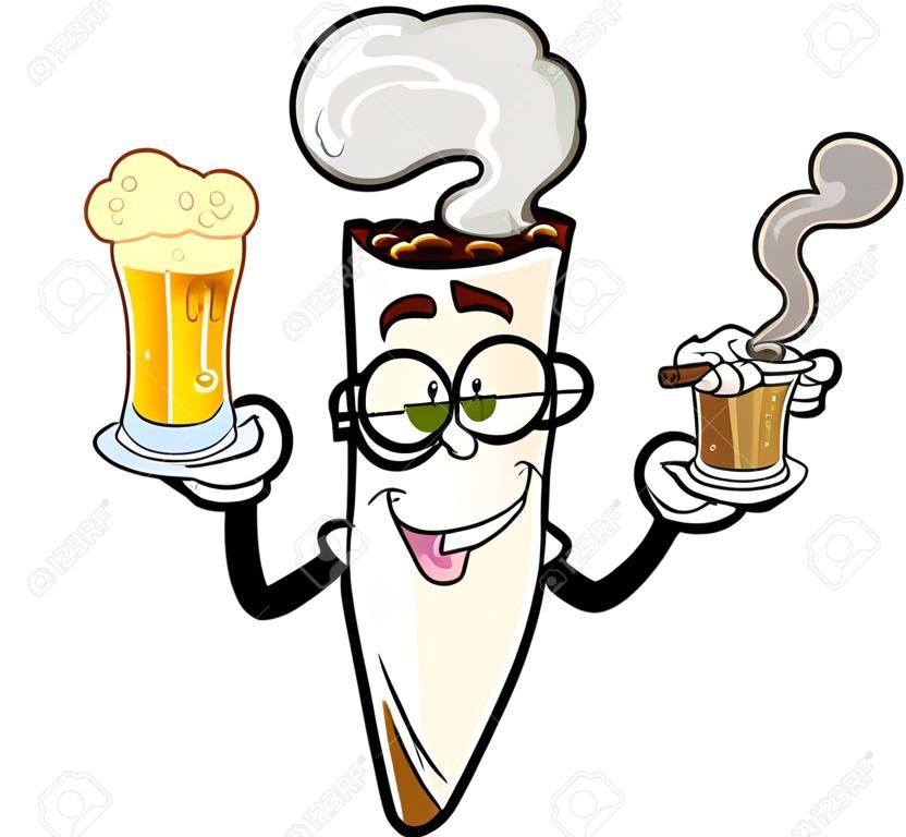 Marijuana Joint Cartoon Character Fumar e segurando uma canecas de cerveja. Vector mão desenhada ilustração isolada no fundo transparente