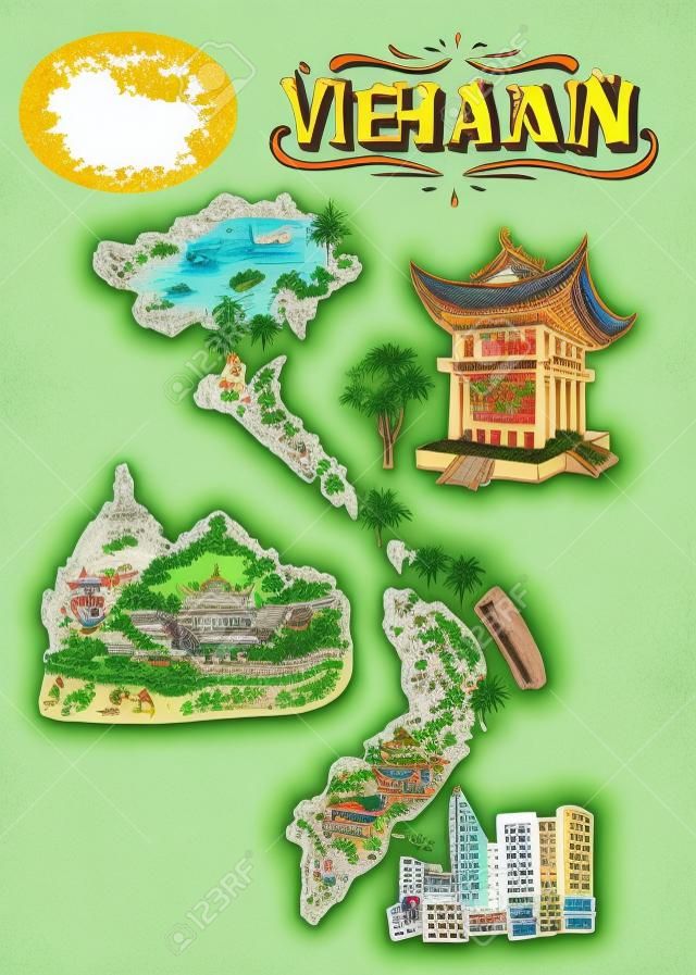越南的插图的地图。旅游景点