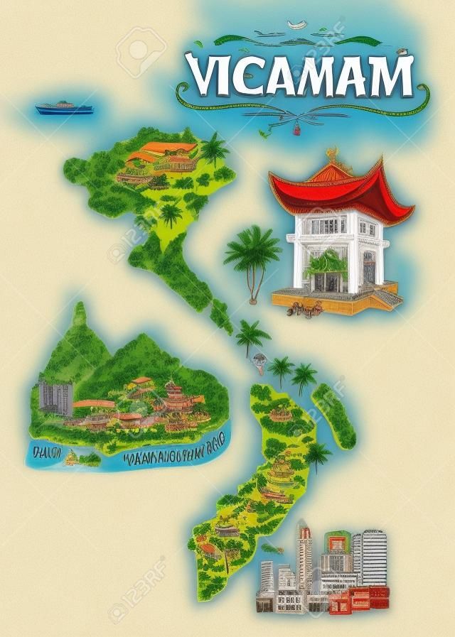 Illustrated map of Vietnam. Travel and attractions