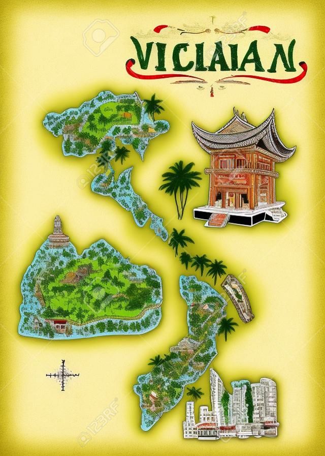 Mapa ilustrado do Vietname. Viagens e atrações