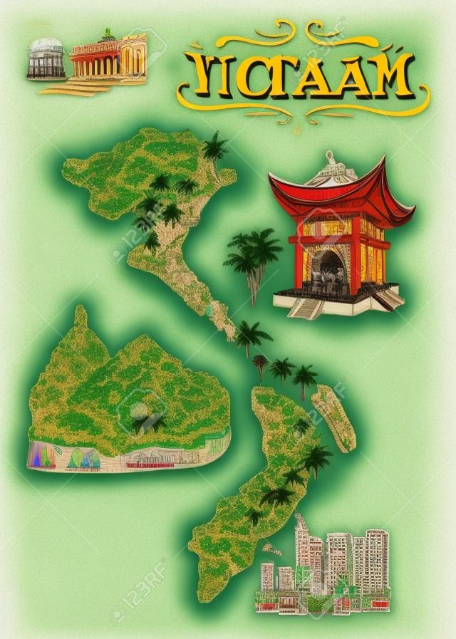 Carte illustrée du Vietnam. Voyage et attractions