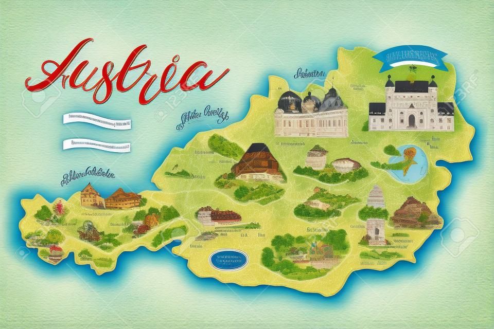 Illustrated map of Austria. Attractions and national symbols of the country