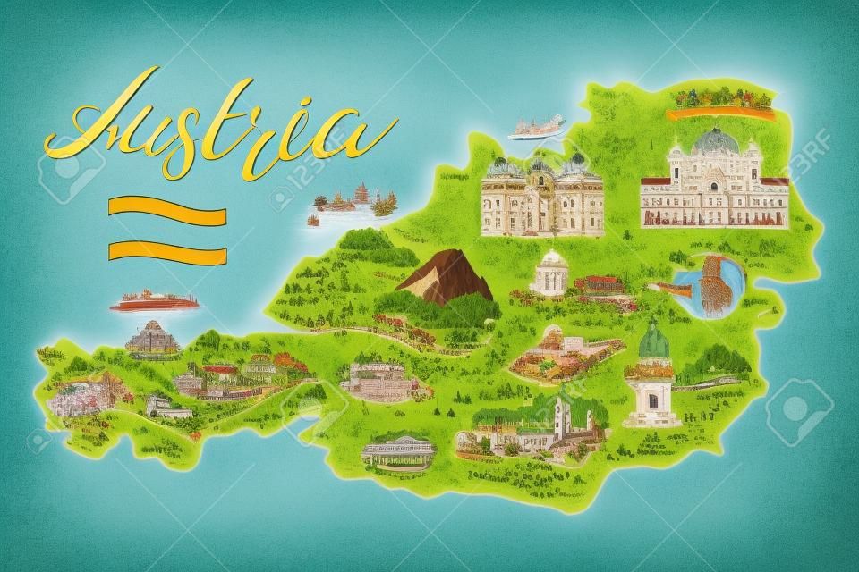 Illustrated map of Austria. Attractions and national symbols of the country