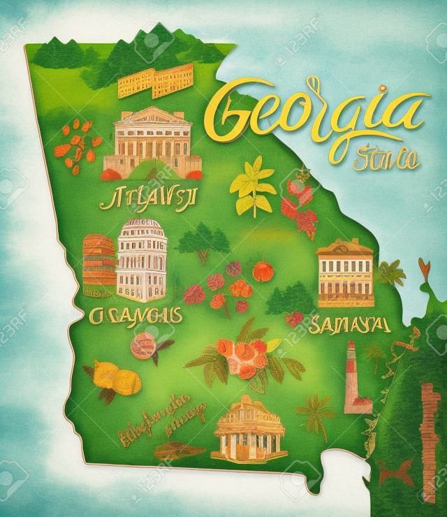 Mappa illustrata della Georgia, Stati Uniti d'America. Viaggi e attrazioni
