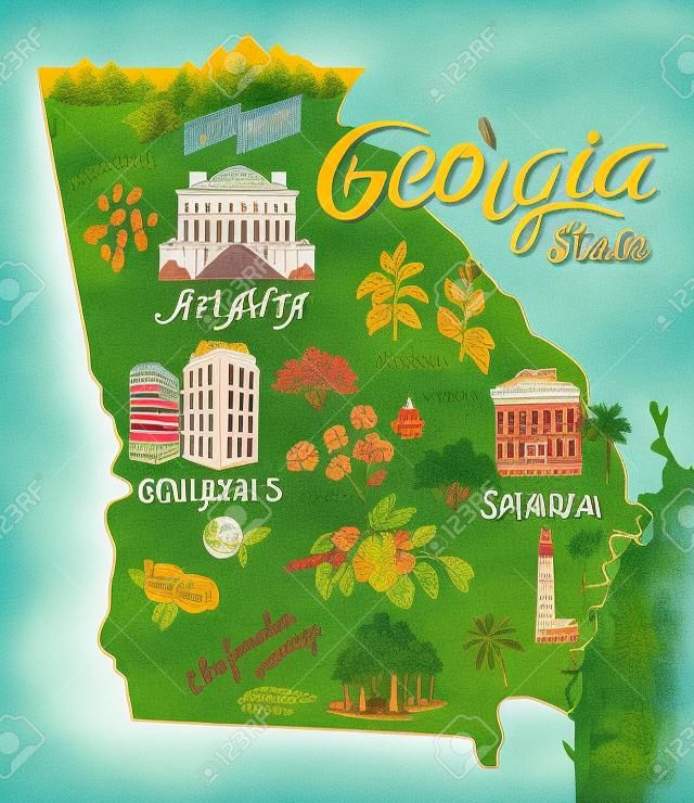 Illustrierte Karte von Georgia, USA. Reisen und Attraktionen