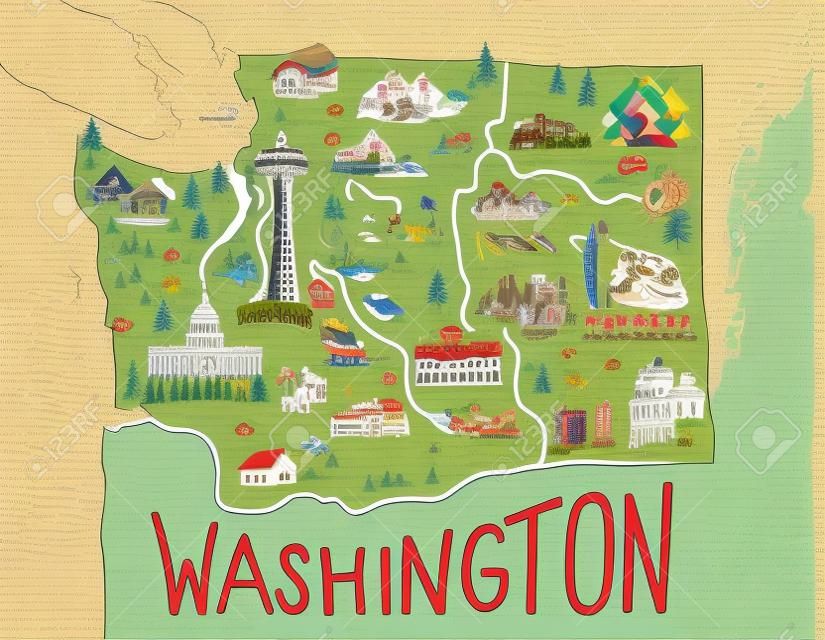 Cartoon map of Washington state. Travel and attractions.