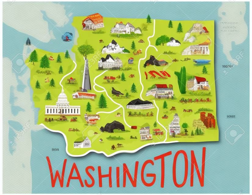 Cartoon map of Washington state. Travel and attractions.