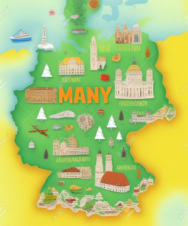 독일의 그림된 지도입니다. 유럽의 여행과 명소.