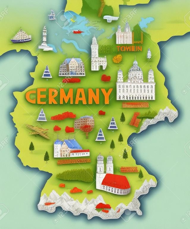 Illustrated map of Germany. Travel and attractions of Europe.