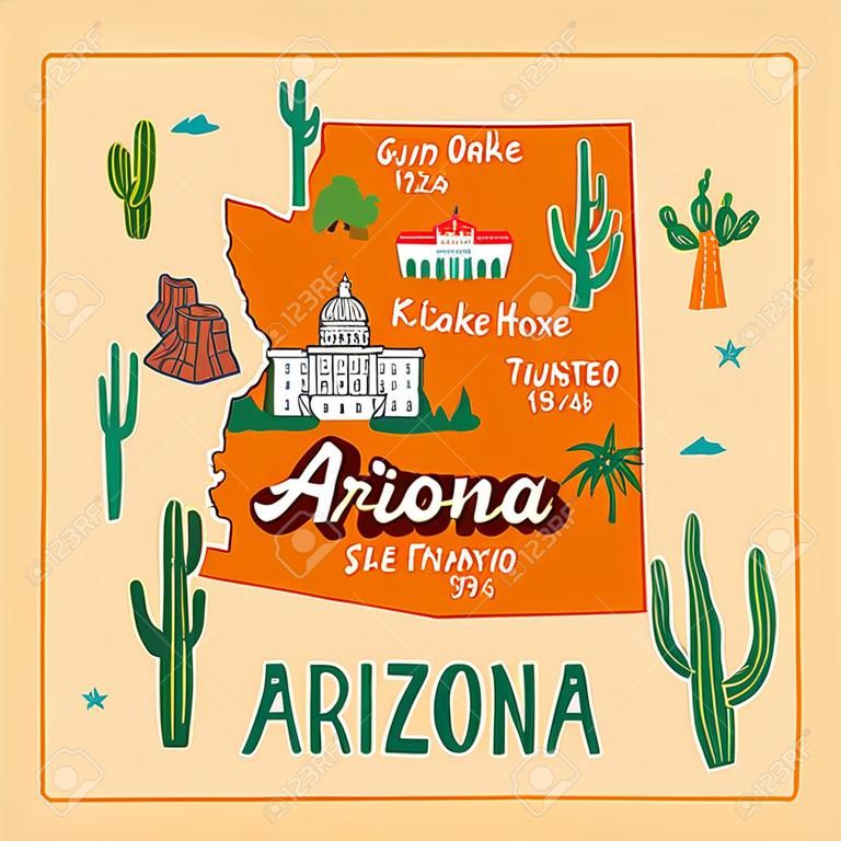 Illustrated map of Arizona state, USA. Travel and attractions. Souvenir print