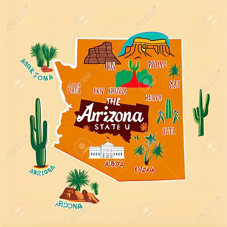 Illustrated map of Arizona state, USA. Travel and attractions. Souvenir print