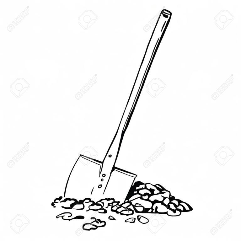 Shovel with the ground. Vector illustration of a shovel with a wooden handle. Hand drawn shovel.