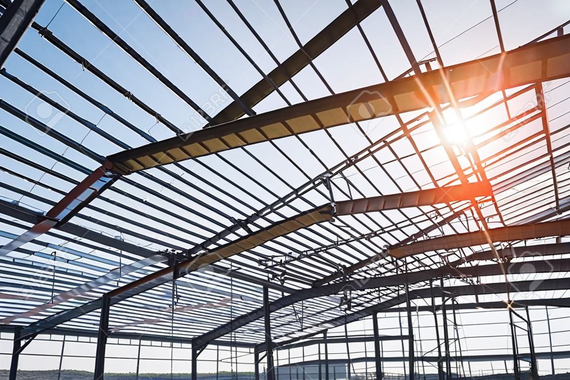 steel structure workshop in construction, steel frame factory building closeup