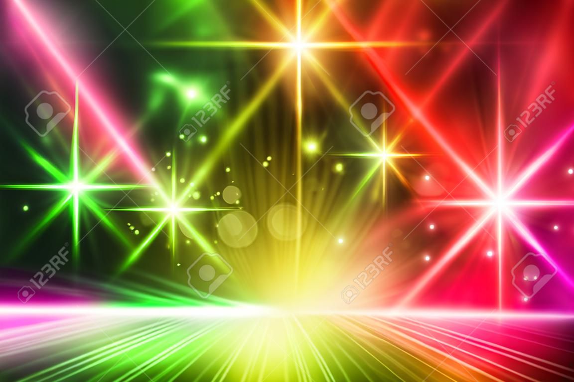 Colorful light show. Multicolored light effects background for any magical event full of energy. Space for you message. 