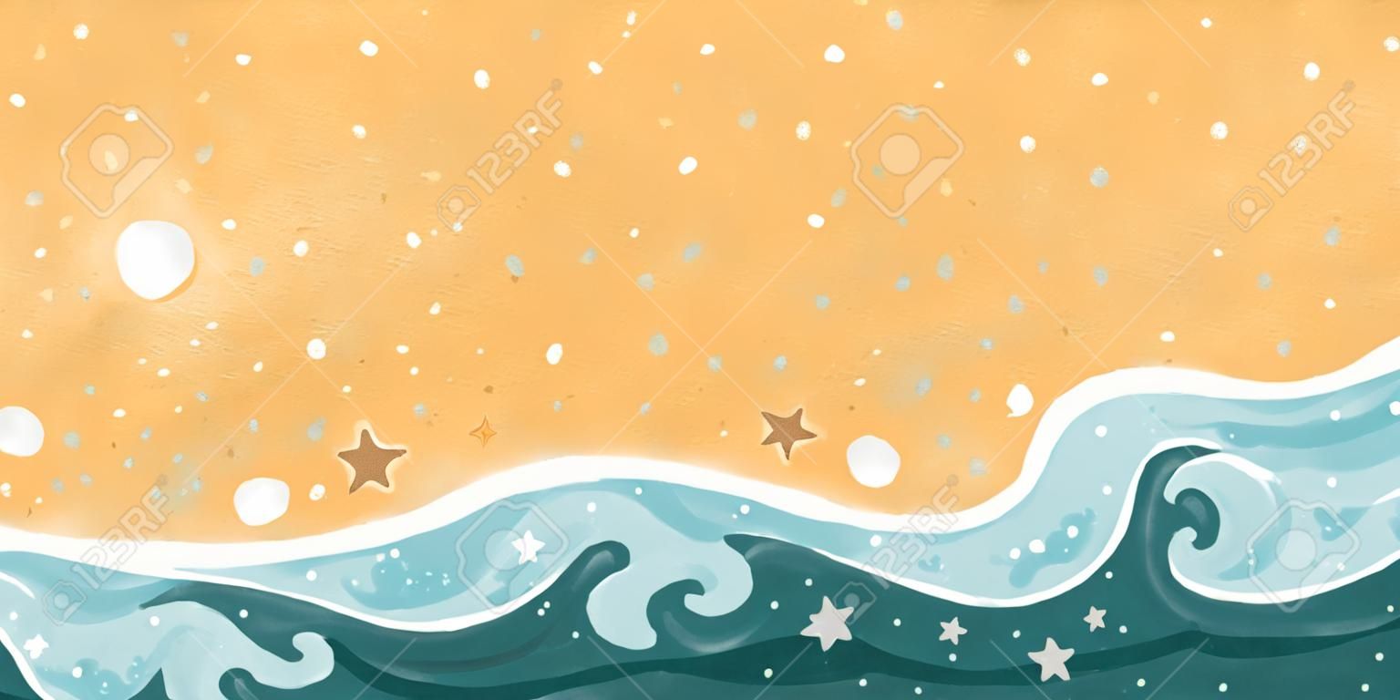Carrelage Horizonatlly frontière créant un pattern détresse des vagues et des bulles sable et l'eau. Grand soleil estival élément de conception de vacances.
