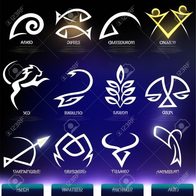vereinfachende Tierkreis-Stern-Zeichen auf weißem Hintergrund