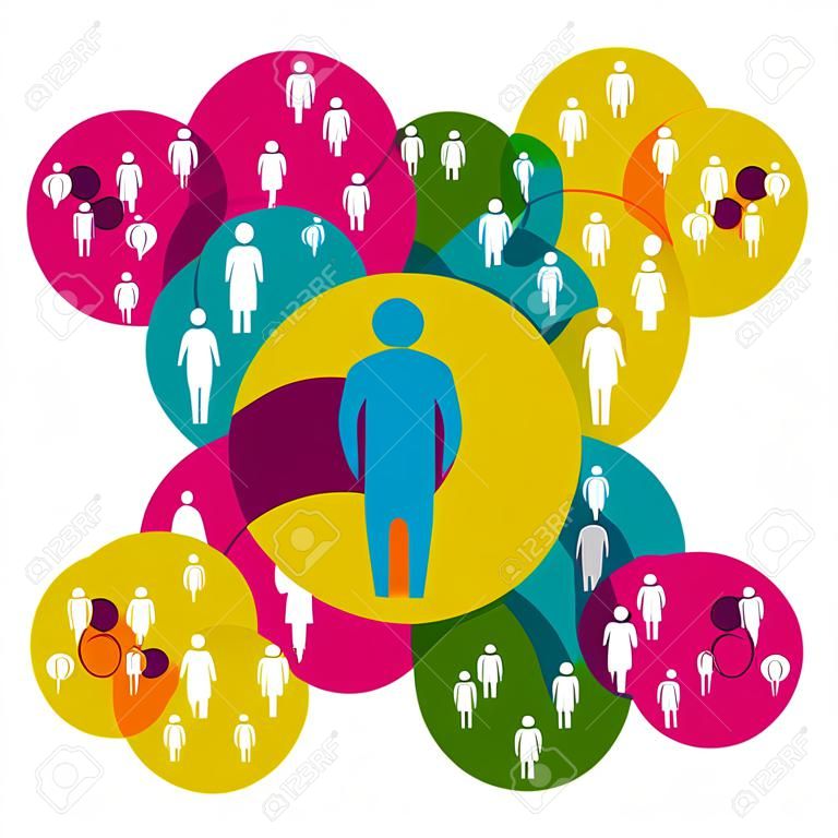 Diagrama de relacionamento social da Web mostrando silhuetas de pessoas conectadas por círculos coloridos.