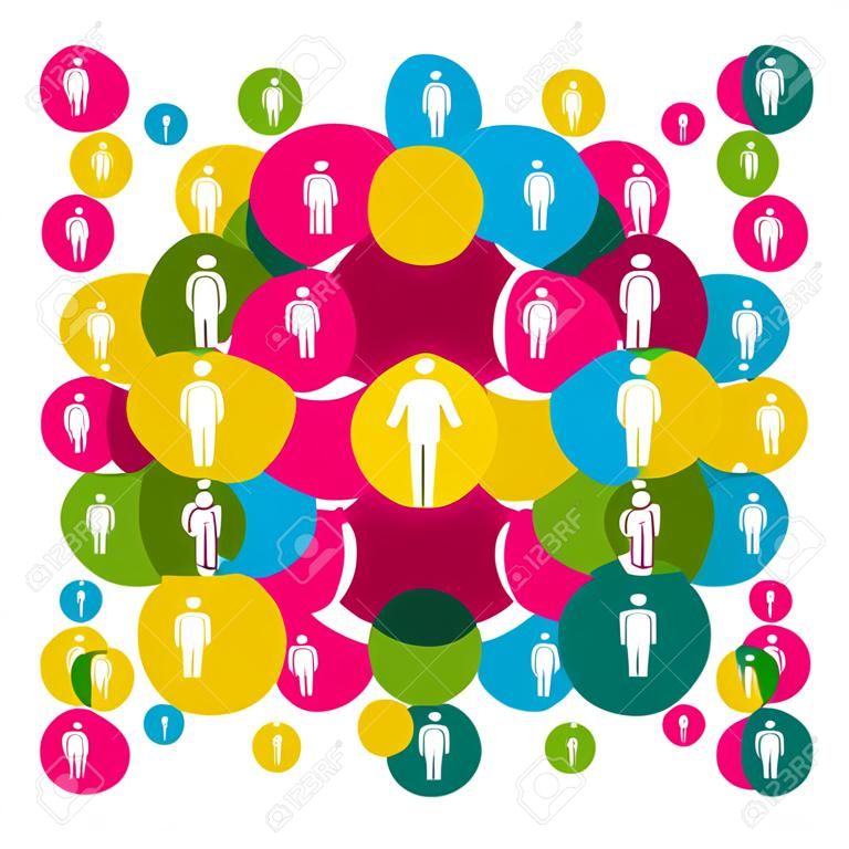 Web social relationship diagram showing people silhouettes connected by colorful circles.