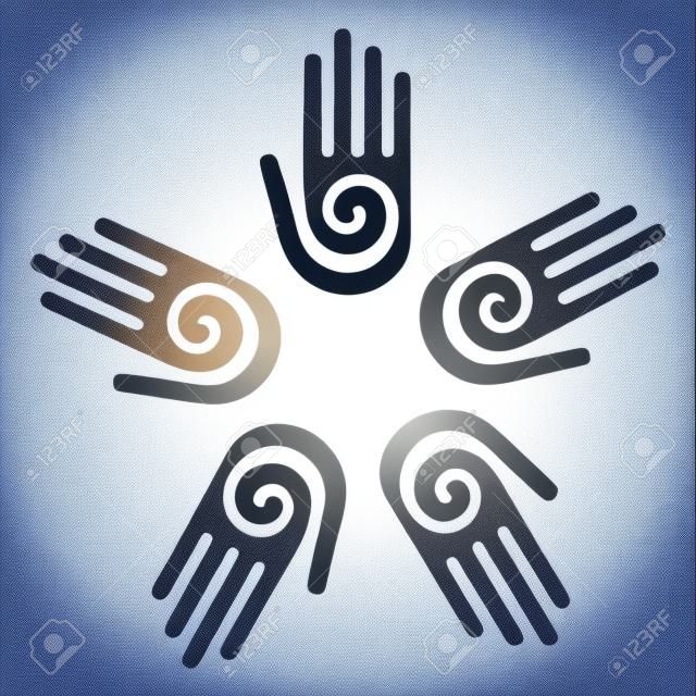 Hand with a spiral symbol on the palm, on a circle of hands background. Vector available.