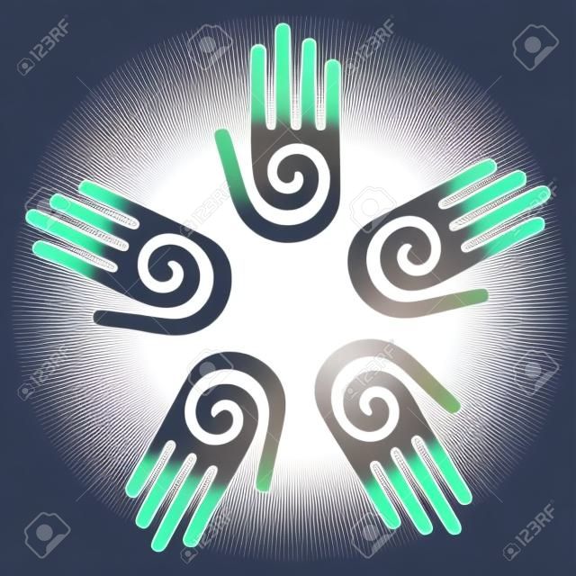 Hand met een spiraal symbool op de handpalm, op een cirkel van handen achtergrond. Vector beschikbaar.