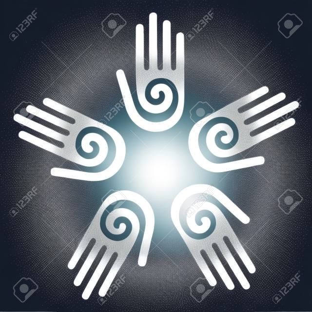 Mano con un simbolo a spirale sul palmo, su un cerchio di mani di fondo. Vector disponibili.