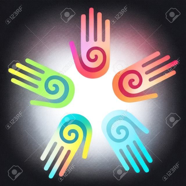 Mano con un símbolo de espiral en la Palma, en un círculo de fondo de manos. Vector disponible.