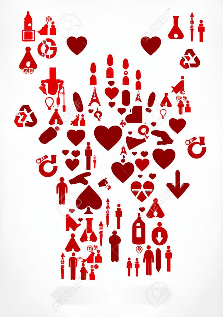 Silhueta de mão feita com conjunto de ícones de AIDS.
